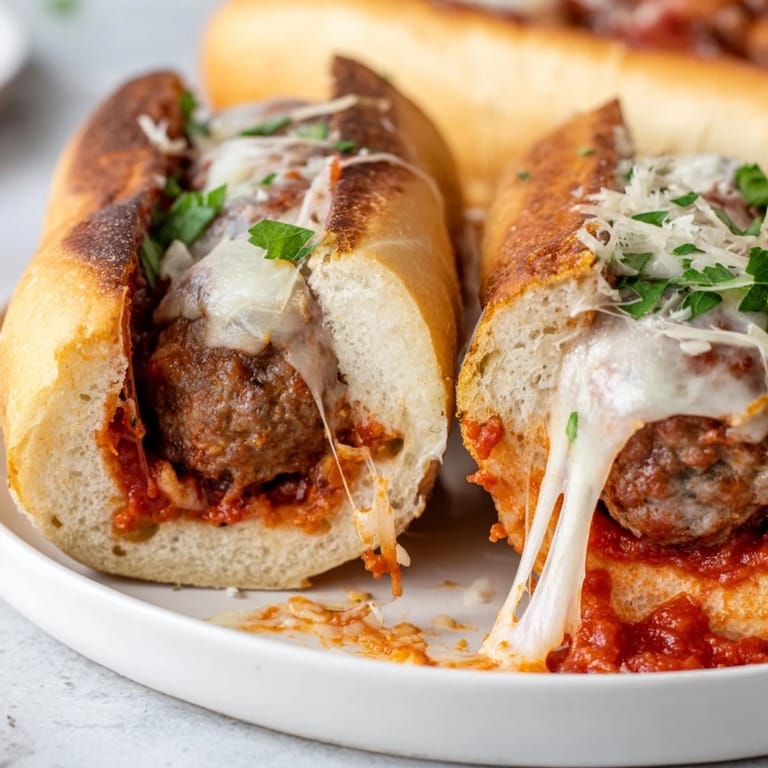 Gooey provolone cheese melts over saucy meatballs nestled in a buttery, toasted sub roll, served hot.