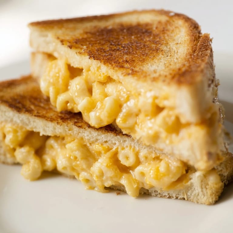 A skillet holds a hot mac & cheese grilled cheese sandwich, served alongside a comforting bowl of tomato soup.