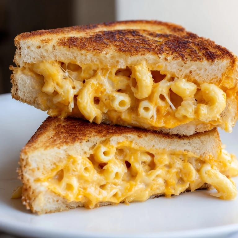 Close-up of a golden-brown mac & cheese grilled cheese, revealing a hearty filling of macaroni and two layers of melted cheese.