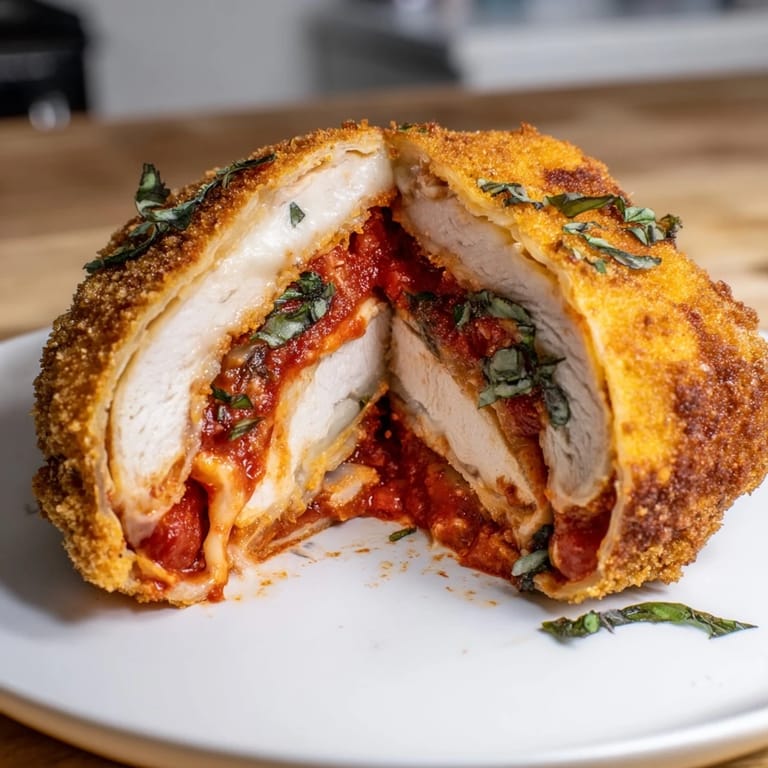 A handheld Crispy Chicken Parm Wrap on a rustic board, golden breaded chicken cutlet with marinara and cheese oozing from the sides.