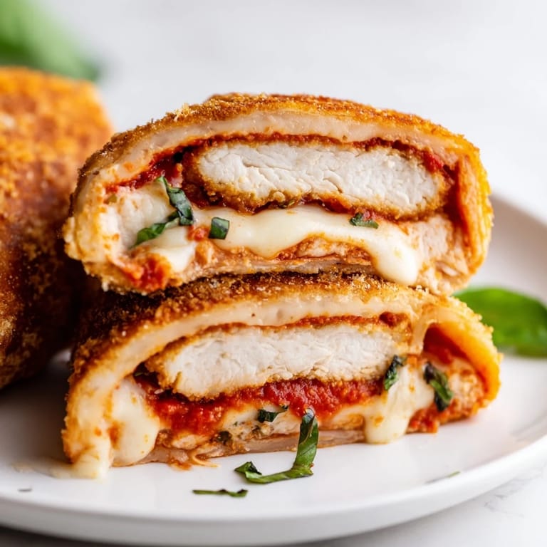 Close-up of a Crispy Chicken Parm Wrap cut in half, revealing juicy chicken, gooey mozzarella, and vibrant red marinara tucked in a soft tortilla.