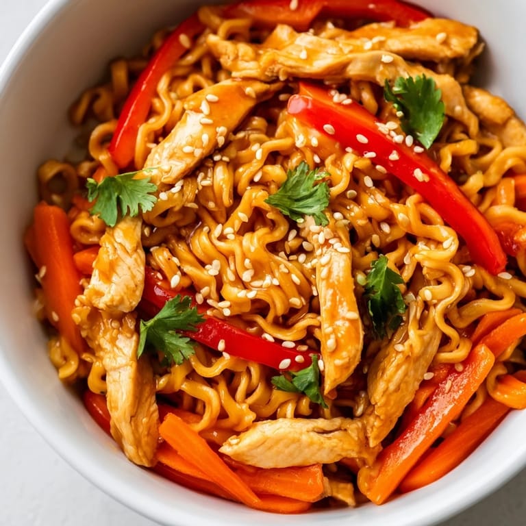 Colorful bowls of homemade Spicy Ramen Stir-Fry are garnished with green onions and sesame seeds, ready for a quick weeknight dinner.