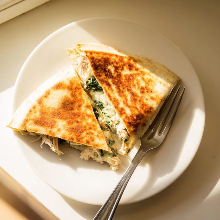 A close-up of a golden Chicken and Spinach Quesadilla filled with shredded chicken, spinach, and melted mozzarella beside sour cream.