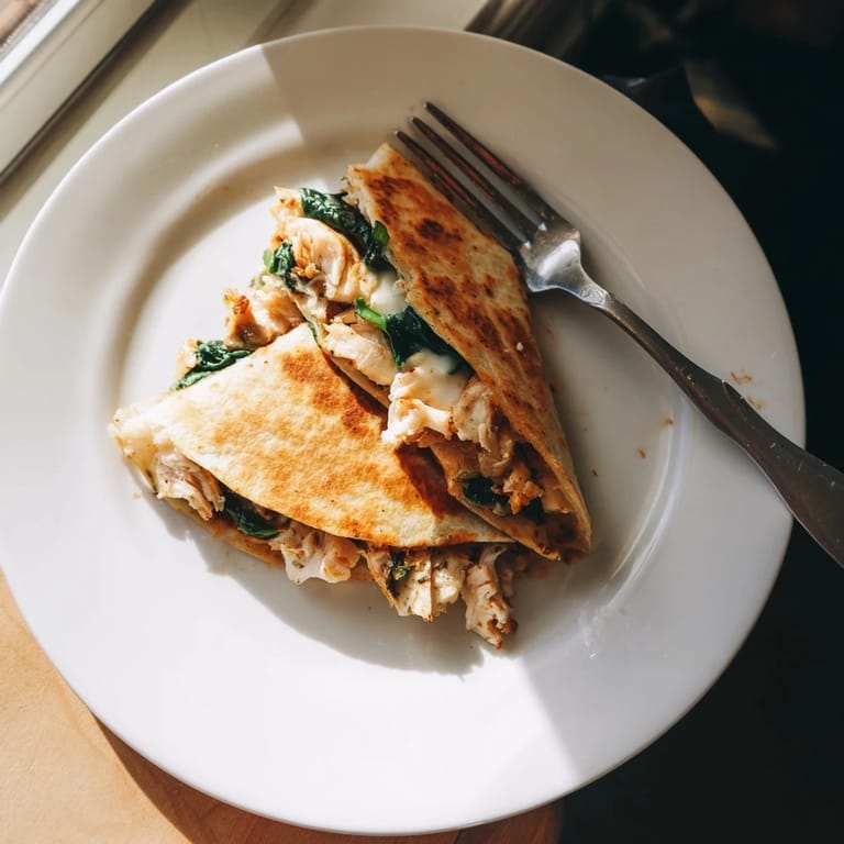 Freshly cooked Chicken and Spinach Quesadilla with juicy chicken, wilted spinach, and gooey cheese cut into triangles for dipping.  