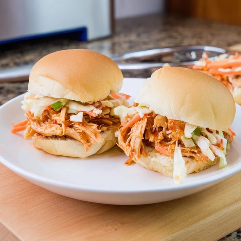 Handheld BBQ chicken sliders topped with colorful slaw, ready to serve at a game day.