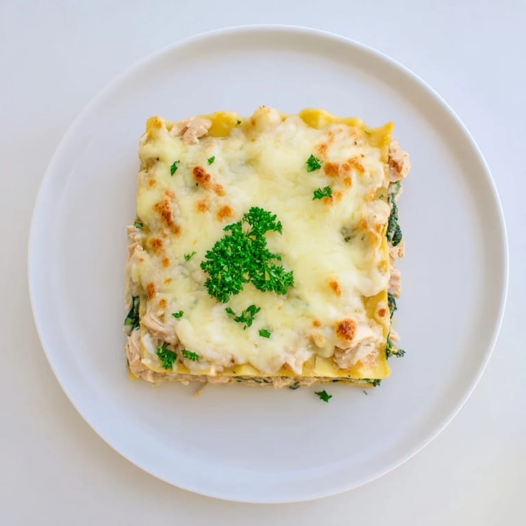 Freshly baked Chicken Alfredo Lasagna in a dish, ready to serve with a crisp green salad and Pinot Grigio.