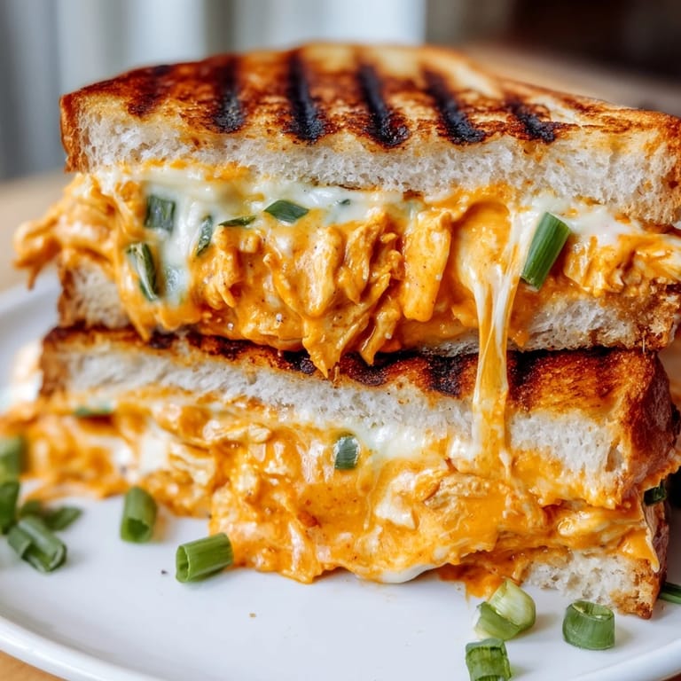 Two halves of a hot Buffalo Chicken Ranch Grilled Cheese on a plate, ready to be enjoyed with fresh celery sticks.