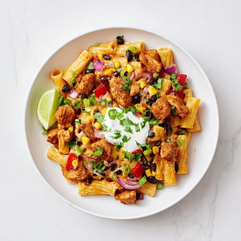 Serving suggestion of Crispy Chicken Burrito Pasta with sour cream and spring onions, highlighting a rich, Tex-Mex inspired meal.