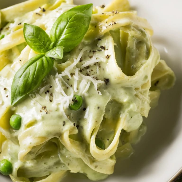 A hearty bowl of Creamy Green Pea Alfredo served warm, showcasing tender pasta strands in a bright, velvety sauce with a sprinkle of cracked black pepper.  