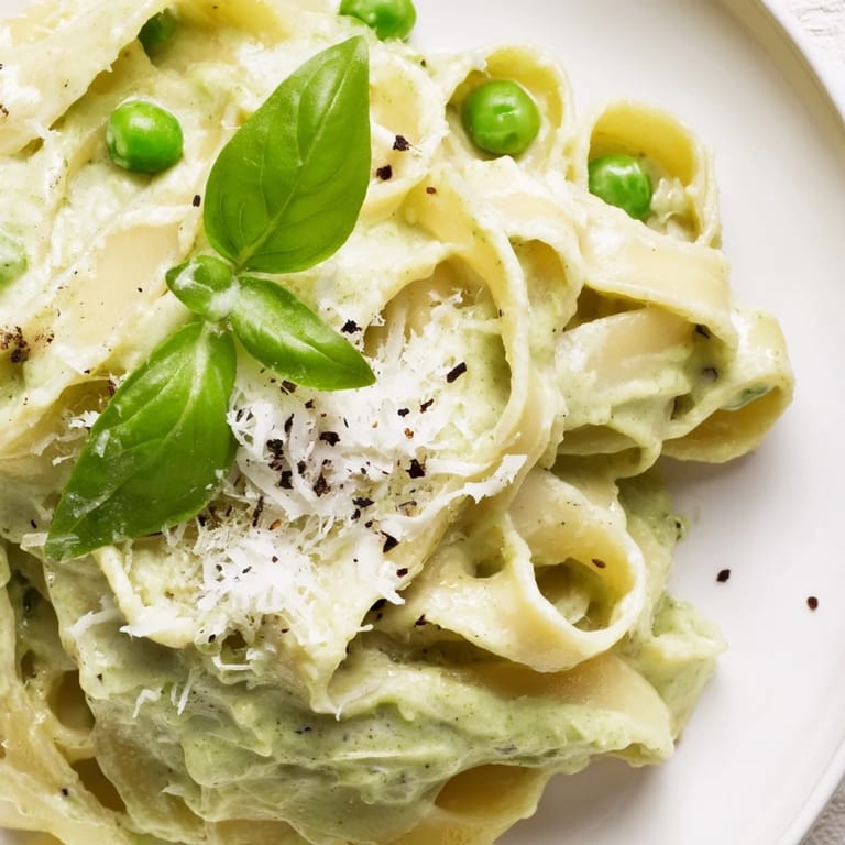 This Creamy Green Pea Alfredo recipe presents al dente fettuccine tossed with a nutrient-rich green pea purée, finished with fresh herbs and a lemony brightness.