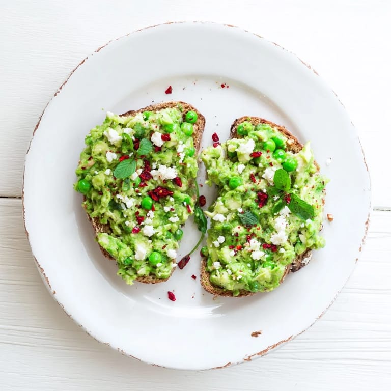 An overhead view of Smashed Pea & Chicken Toast garnished with crumbled feta, showcasing the chunky pea and chicken texture.