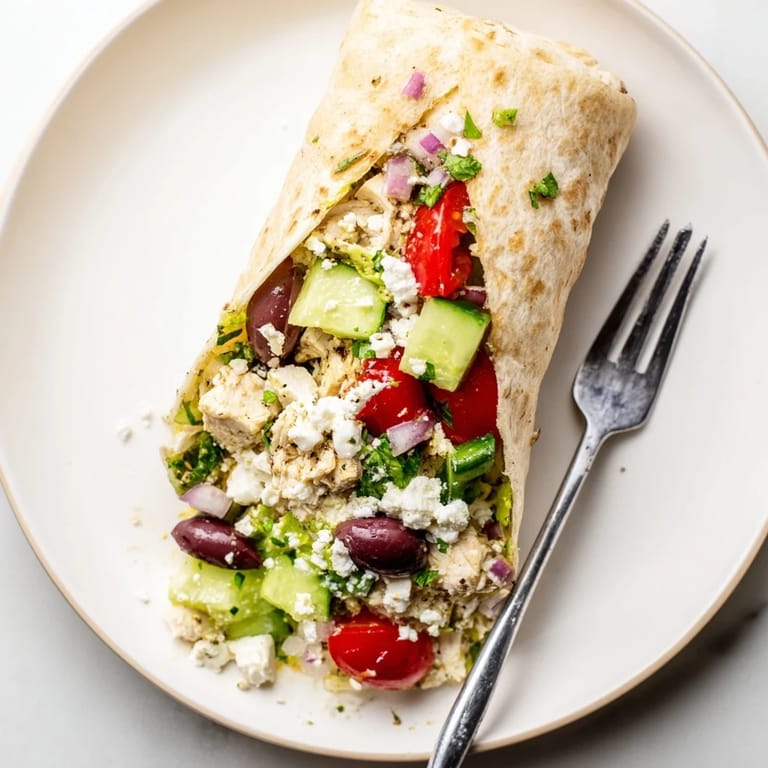 Close-up of a Greek Lemon Chicken Salad Wrap on a rustic board, with Kalamata olives, red onion, and juicy chicken beside a lemon wedge.