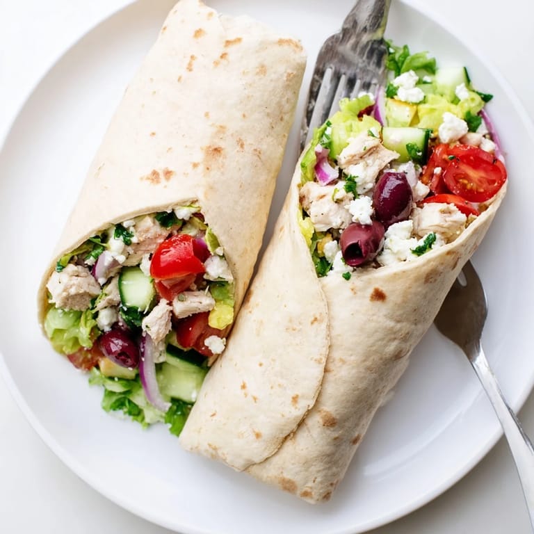 Greek Lemon Chicken Salad Wrap held in hand over a bright salad bowl, showcasing crisp romaine and tangy feta in a Mediterranean-inspired lunch.