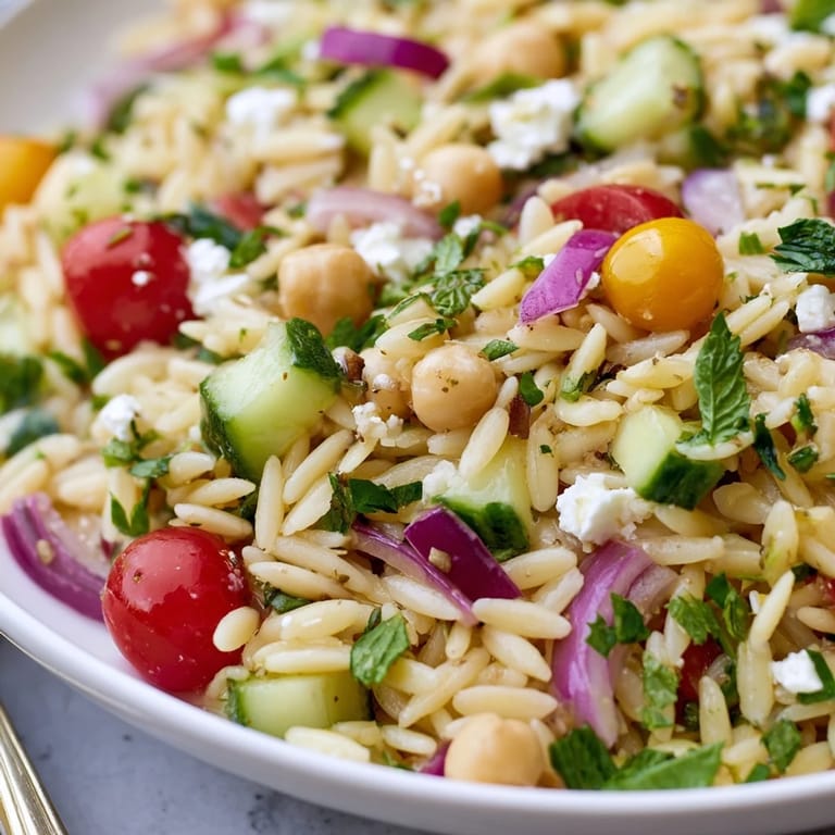 Bright Lemony Chickpea Orzo Salad tossed with fresh herbs, cherry tomatoes, and a zesty lemon vinaigrette.