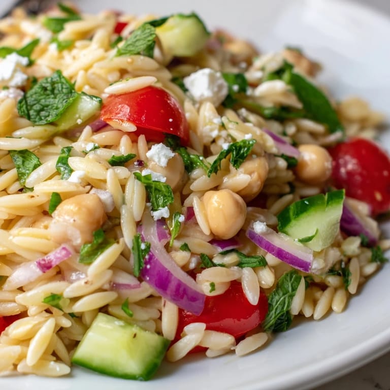 Overhead view of Lemony Chickpea orzo salad, featuring chickpeas, cucumbers, and mint for a fresh Mediterranean side.