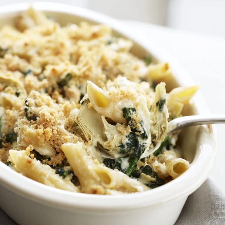 Close-up of Artichoke Pasta Bake showing marinated artichoke hearts and melted cheese in the creamy sauce.
