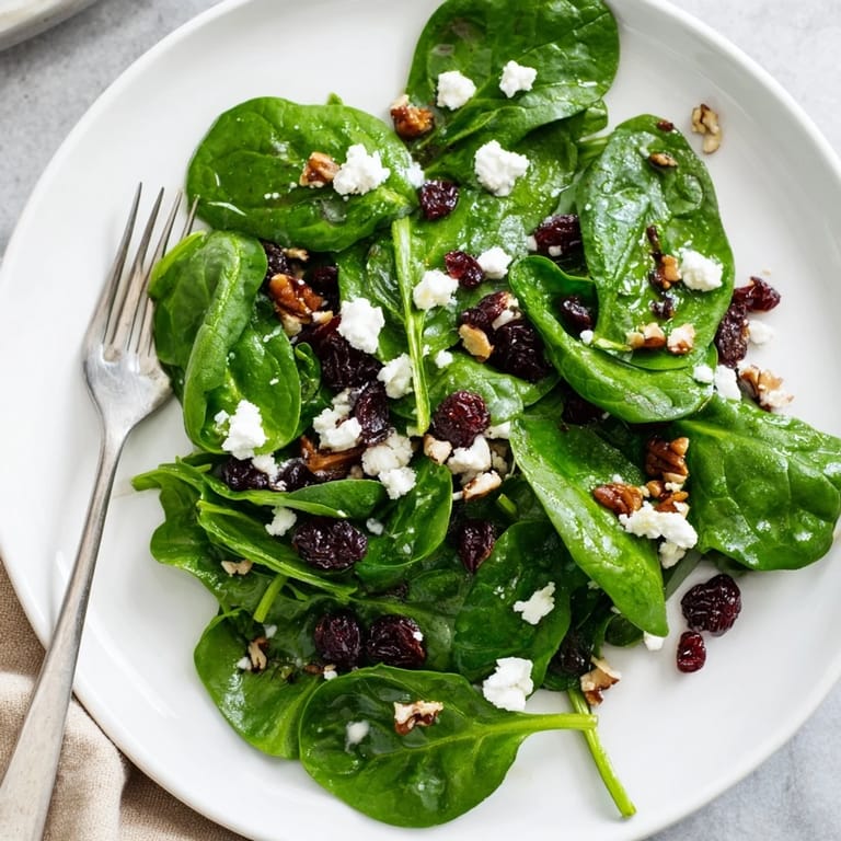 Bright baby spinach salad with creamy goat cheese, candied pecans, and balsamic dressing, served as a fresh starter.