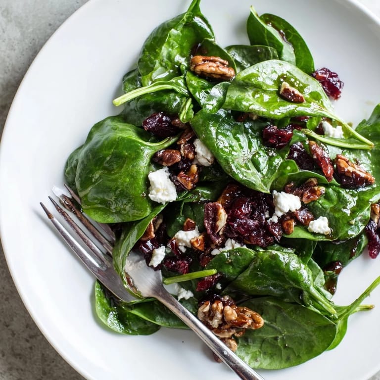 A vibrant spinach goat cheese salad with sweet cranberries and crunchy pecans, ready for a light lunch.  