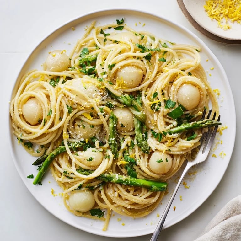 Serving suggestion for Roasted Garlic & Asparagus Pasta, tossed with olive oil and red pepper flakes for spring.