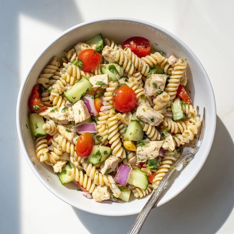 A vibrant bowl of Honey Mustard Chicken Pasta Salad served on a bed of greens, garnished with fresh parsley for a refreshing meal.
