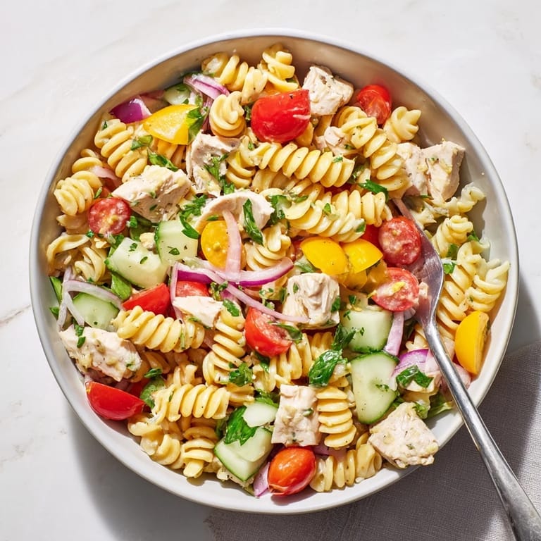 Serving suggestion for Honey Mustard Chicken Pasta Salad in a clear glass bowl, highlighting tender chicken and crisp cucumbers coated in zesty dressing.