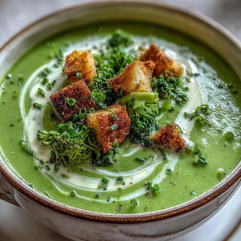Hearty creamy broccoli soup, a simple vegetarian supper with vibrant green goodness.