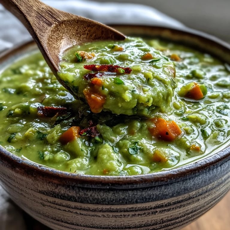 A steaming bowl of traditional split pea soup garnished with fresh herbs.