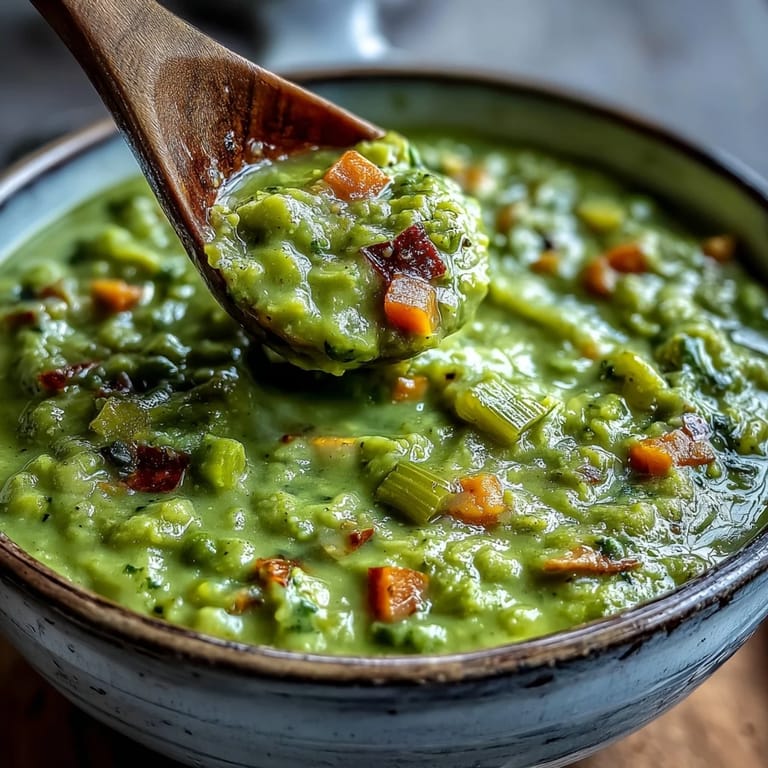 Creamy split pea soup with smoky ham, perfect for a cozy winter meal.