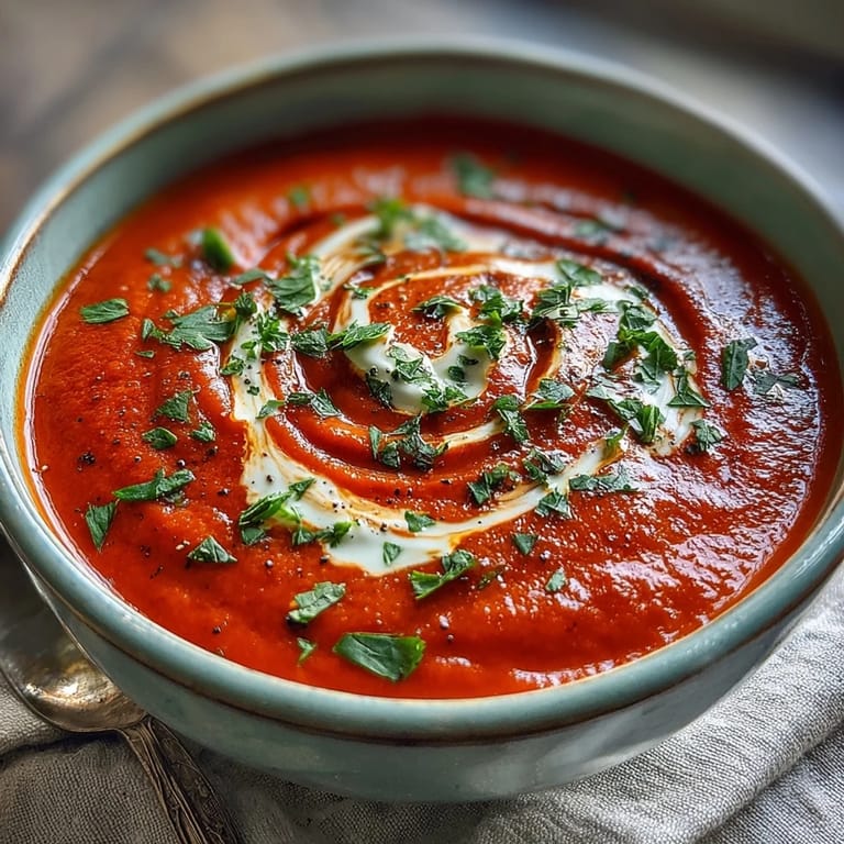 Comforting bowl of Roasted Red Pepper Soup, hinting at harissa warmth.