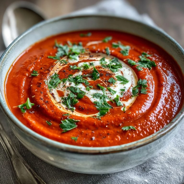 Silky smooth Roasted Red Pepper Soup, showcasing smoky, sweet pepper flavors.