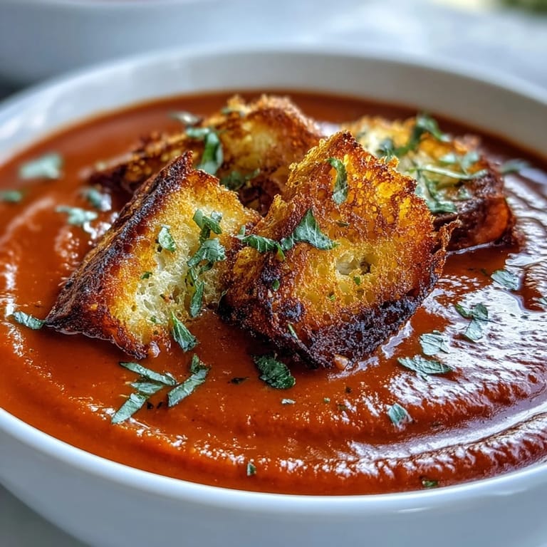 Deep red roasted tomato soup, perfectly garnished with crunchy, savory croutons.