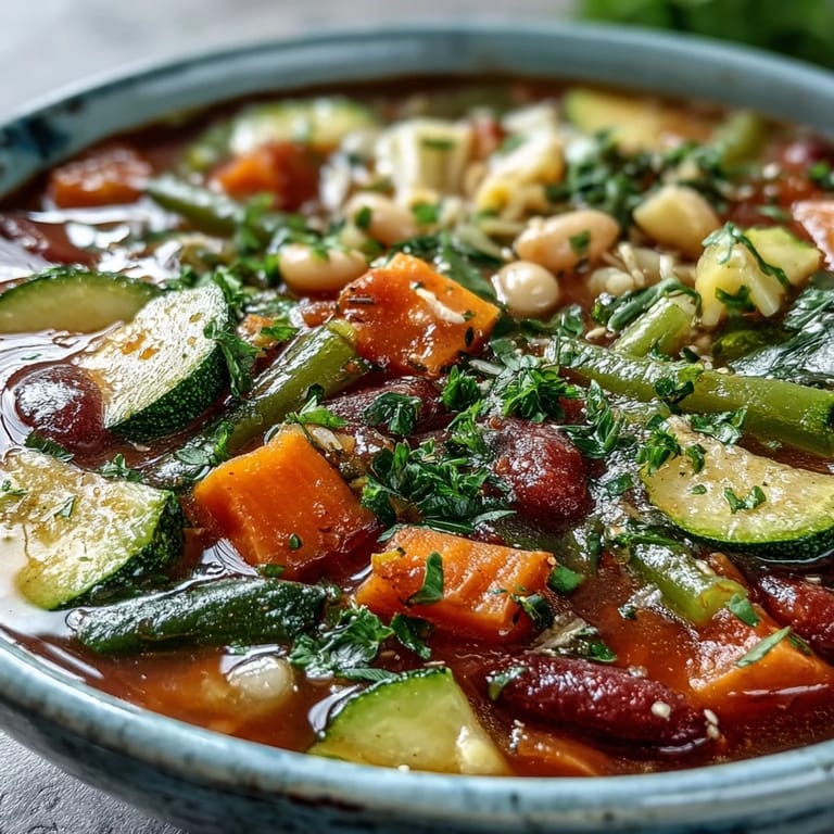 Delicious Minestrone Vegetable Soup, a comforting bowl packed with beans, pasta, and fresh herbs.
