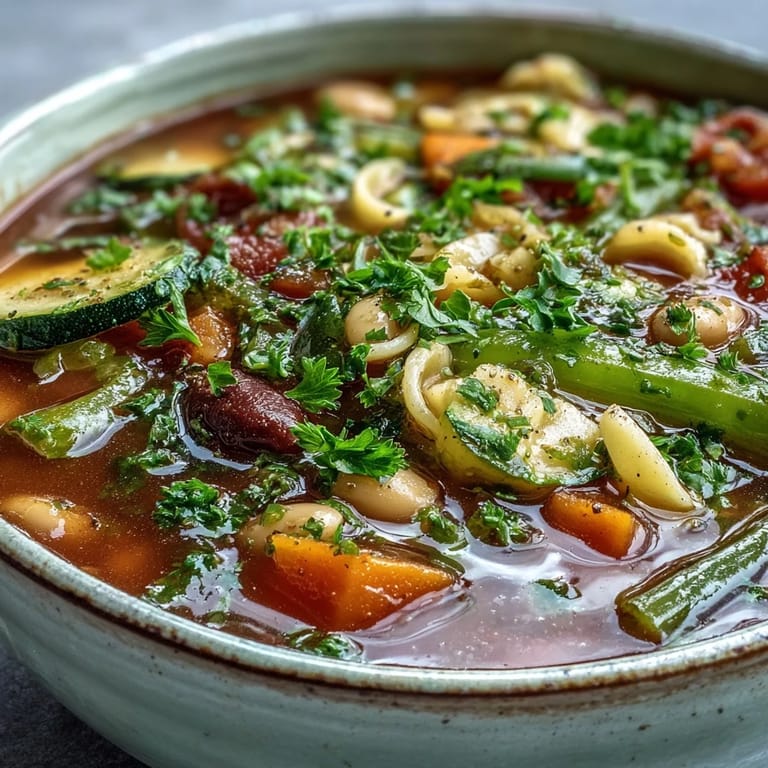 Steaming bowl of flavorful Minestrone Vegetable Soup, garnished with fresh parsley and Parmesan cheese.