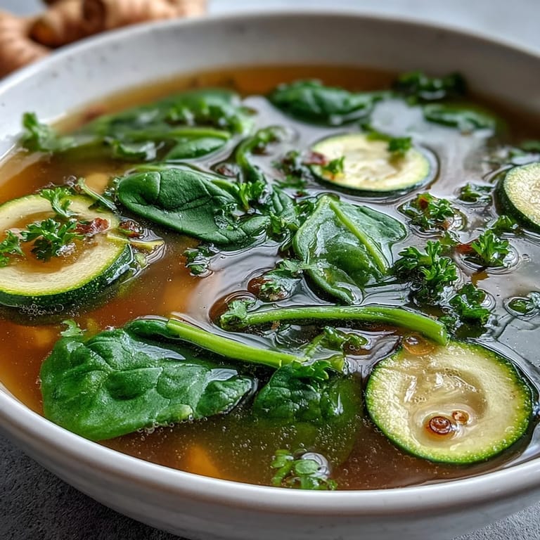Healthy Collagen-Boosting Broth Bowl, steaming with ginger and finished with fresh herbs.