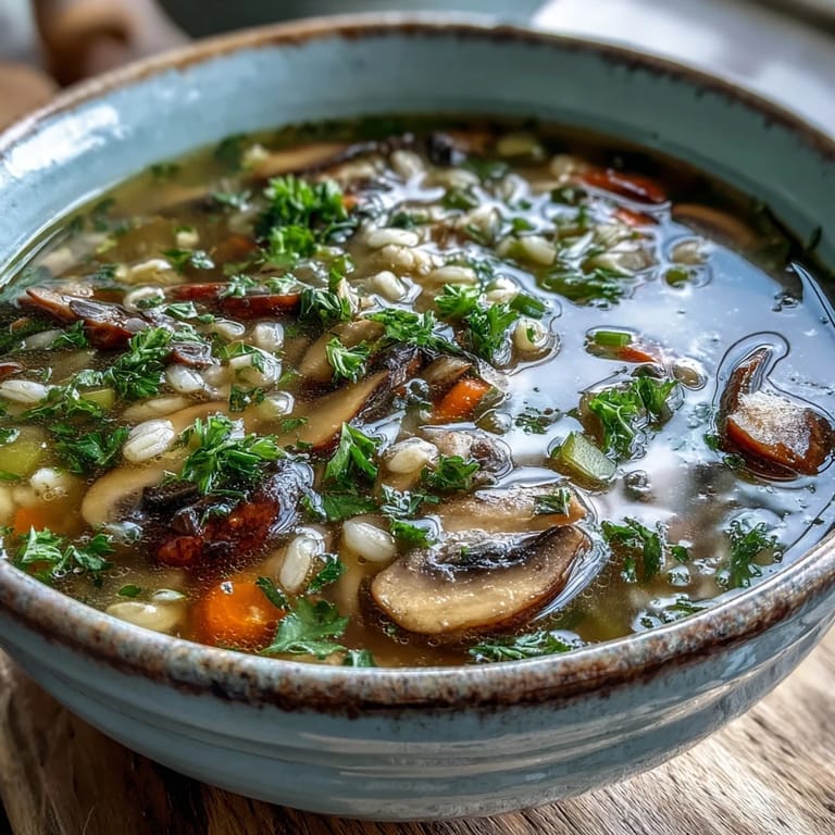 Savory Mushroom and Barley Soup, perfect for a comforting lunch with fresh parsley garnish.