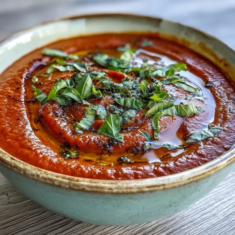 Velvety tomato basil soup, ready to be served with a drizzle of olive oil.
