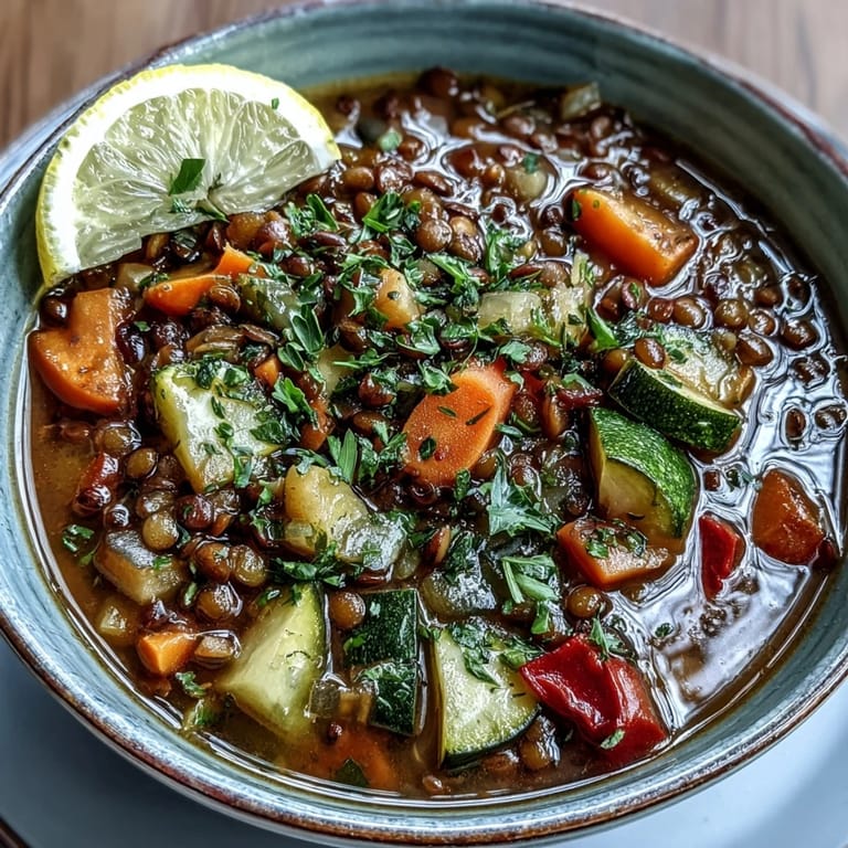 Steaming bowl of lentil and vegetable soup, perfect for a chilly evening.