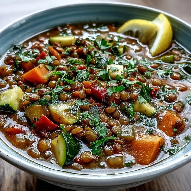 Vibrant lentil and vegetable soup, loaded with healthy greens and spices.
