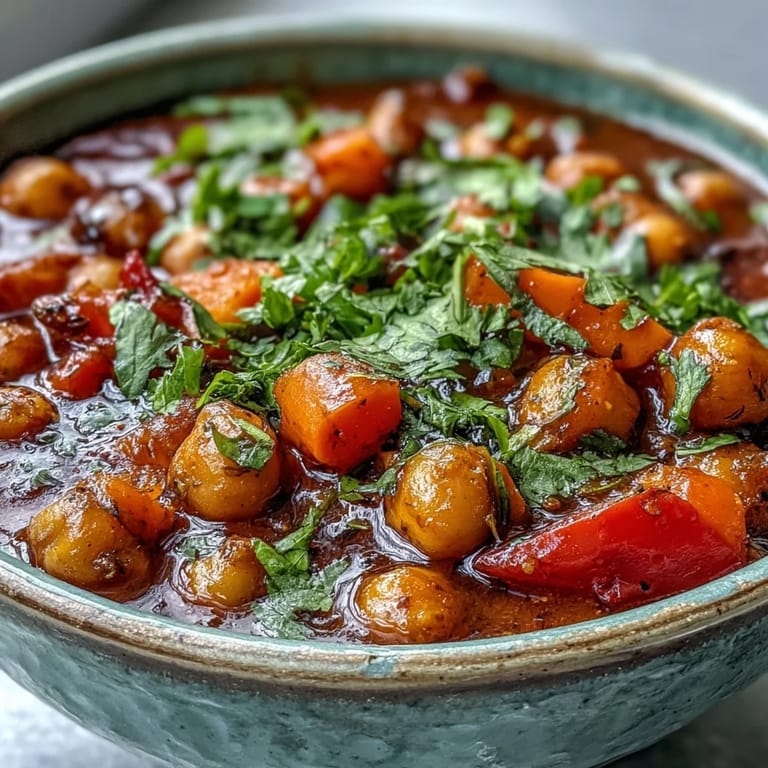 Freshly made Spicy Chickpea Stew in a rustic pot, revealing tender chickpeas and diced vegetables simmering in aromatic spices.