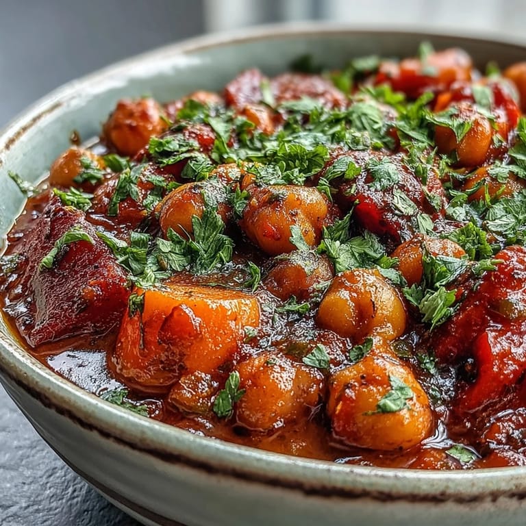 Hearty Spicy Chickpea Stew served in a white bowl, perfect for a cozy plant-based dinner on a chilly evening.