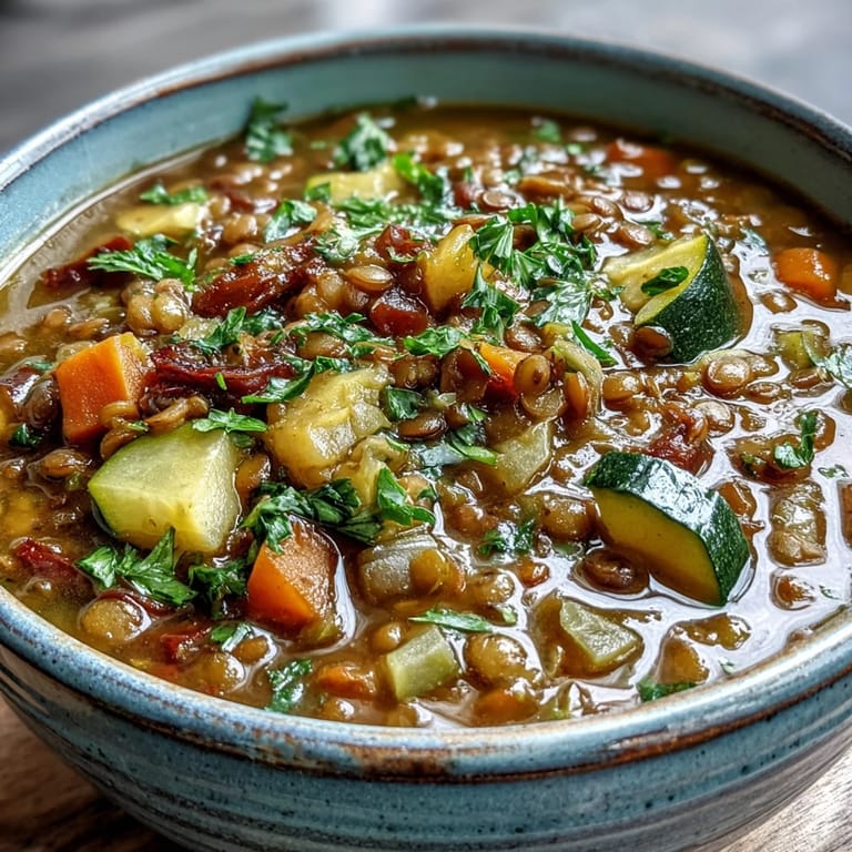 Steam rises from a pot of Lentil Soup, filled with diced carrots, zucchini, and kale, ready to be served with crusty bread.