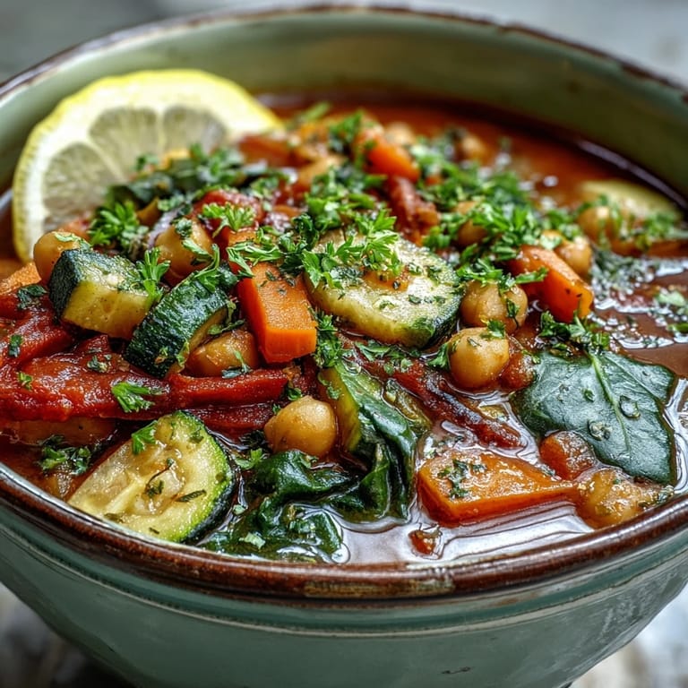 Colorful Chickpea Stew simmering in a pot, garnished with fresh parsley and lemon wedges.