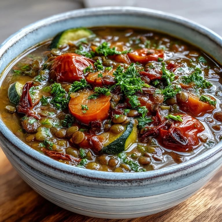 Close-up of a flavorful ladleful of Lentil and Vegetable Soup, highlighting the chunky carrots, celery, and red bell peppers.