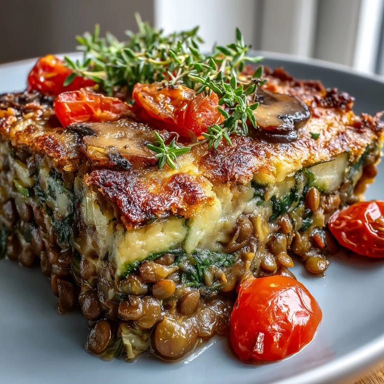 Freshly baked Green Lentil and Vegetable Casserole featuring zucchini, bell peppers, and a savory herb crust.