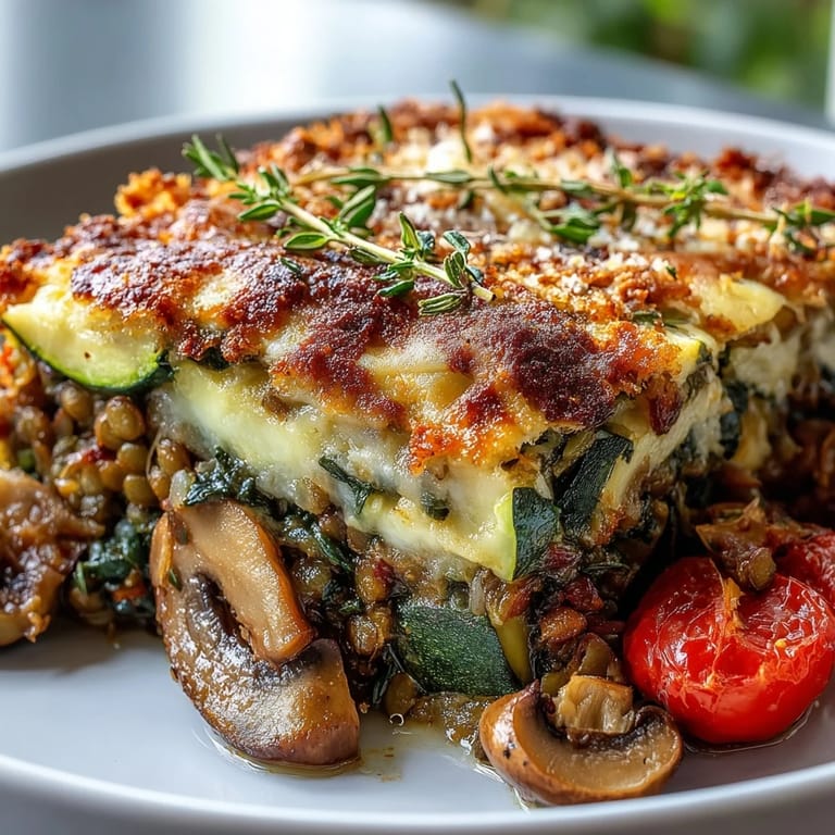 Rustic Green Lentil and Vegetable Casserole with sautéed mushrooms and spinach, ready to serve for dinner.