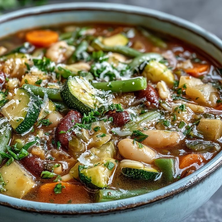 Steam rises from a colorful pot of Minestrone Vegetable Soup, showing chunks of zucchini, carrots, and tomatoes in rich broth.