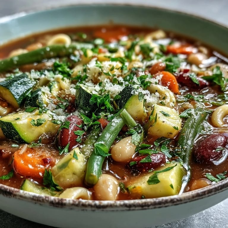 A spoon lifts pasta and tender vegetables from a comforting bowl of Minestrone Vegetable Soup, paired with crusty bread on the side.