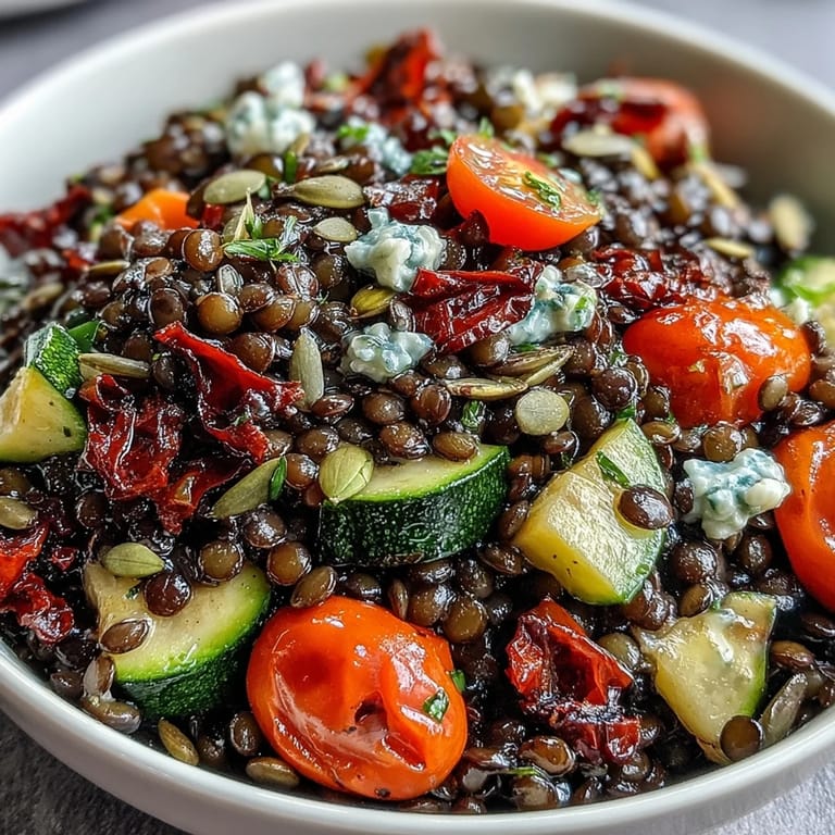 A hearty bowl of Black Lentil Salad showcasing roasted zucchini, red bell pepper, and a zesty lemon dressing.