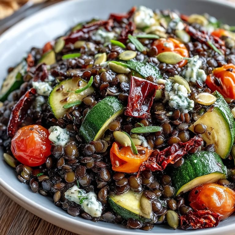 Wholesome Black Lentil Salad with carrots, tomatoes, and pumpkin seeds, ready to serve as a nutritious Mediterranean meal.