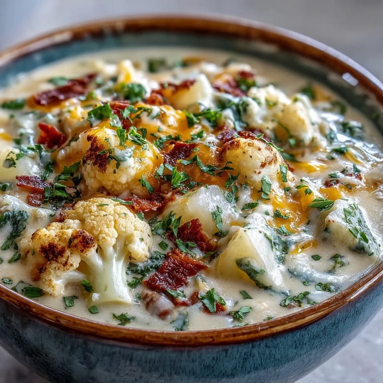 Steaming Vegetarian Cauliflower Chowder with chunky potatoes and carrots, paired with crusty bread for dipping.